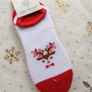 🎄 Lane Bryant Ankle Socks 2 pair Holiday Reindeer Red/White Stripe NEW One size